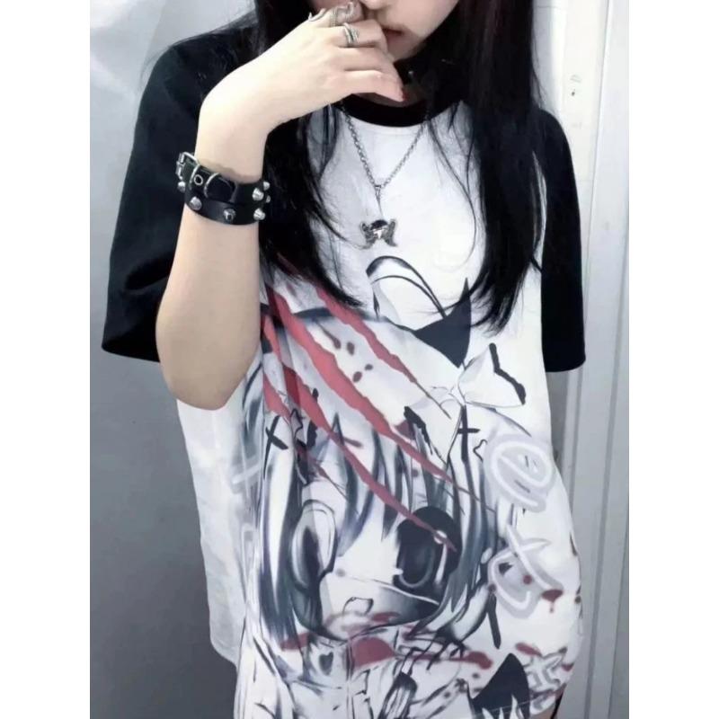 

Y2k Эстетическая повседневная футболка женская готическая аниме с мультяшным принтом свободные футболки с графическим рисунком 2024 японская фея Harajuku топы в стиле гранж XL чёрный