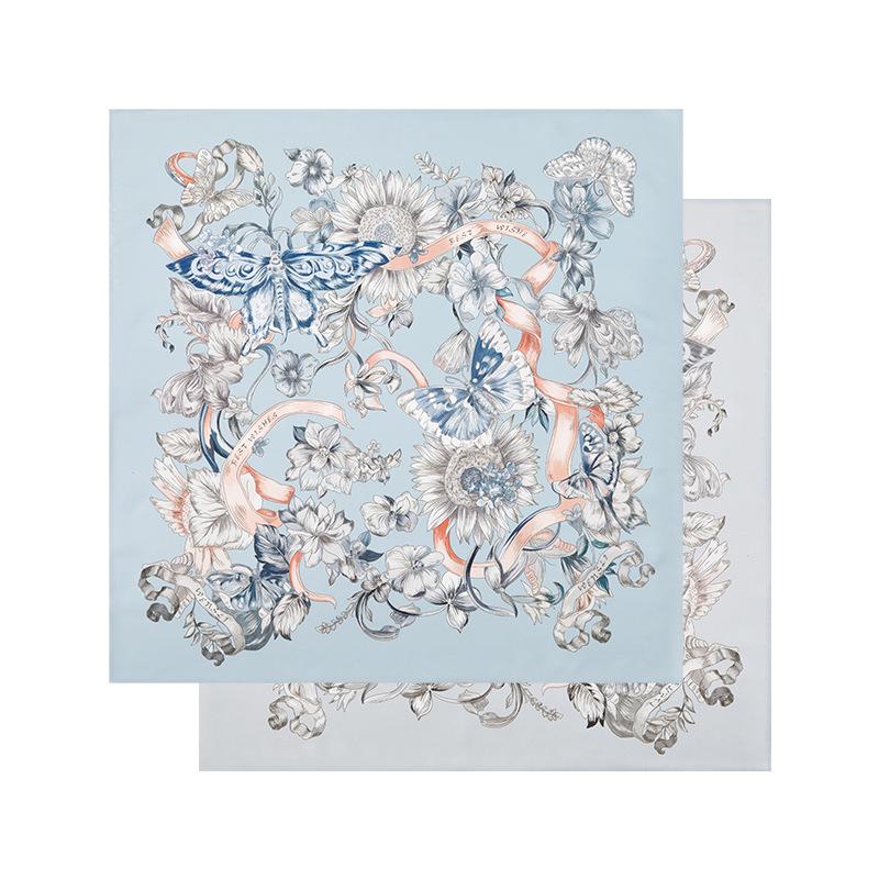 Wan Shi Li Spring Collection: Colorful Butterfly Silk Scarf – Real Mulberry Silk Twill, Double-Sided, Square, Perfect for Spring/Summer.