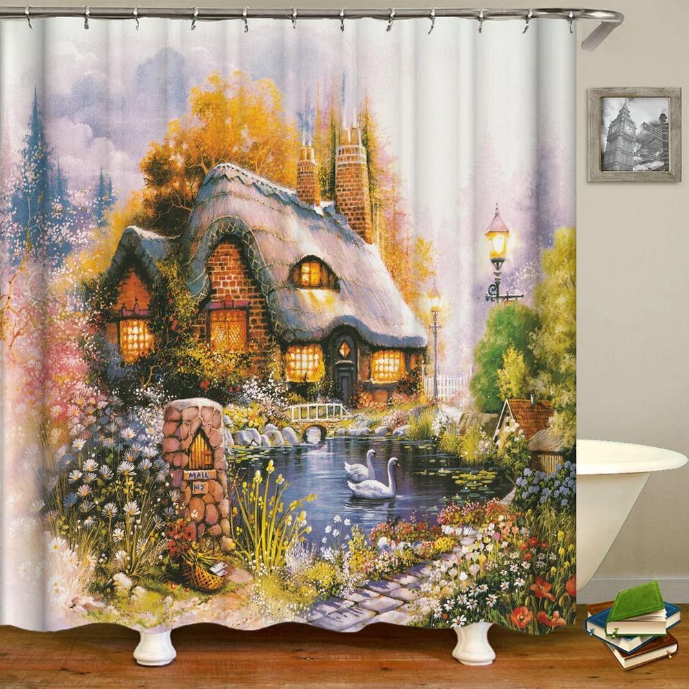 Town Street Scenery Shower Curtains Home Decor Polyester Fabric Bathroom Shower Curtains Oil Painting Waterproof Bath Curtains