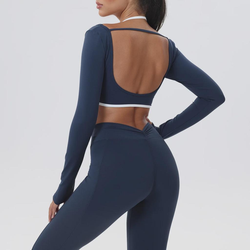 European-American Contrast Long-Sleeve Quick-Dry Yoga Top with Beautiful Back and Built-in Bra