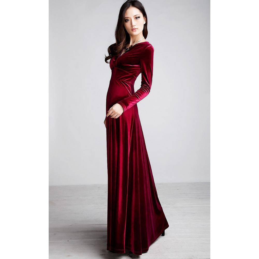 Женское длинное платье-макси с длинным рукавом и V-образным вырезом, Вельветовое расклешенное длинное платье в пол S кларет