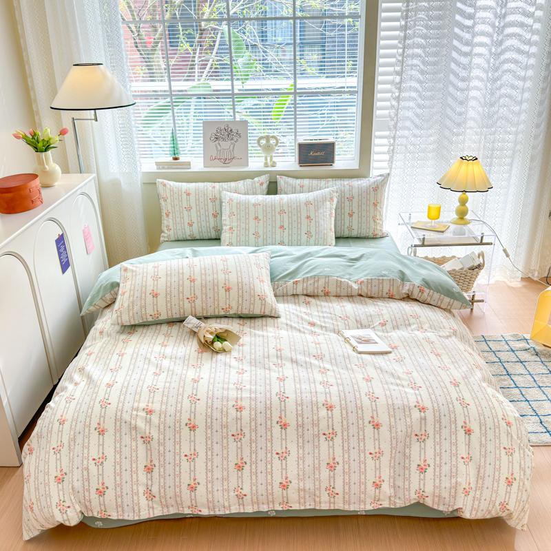 Garden Pink Flowers Pattern Duvet Cover Set 3Pcs Cute Rabbit Printed 100% Cotton Soft Comfortable Comforter Cover Bedding Set