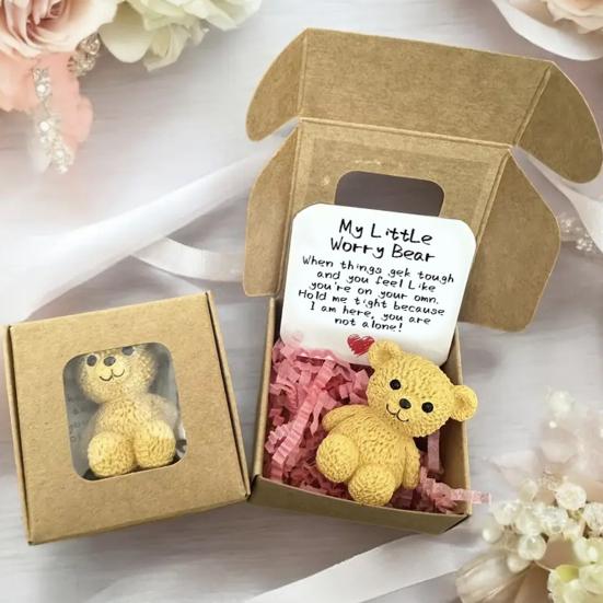 Liten bjørn i eske Min lille bekymringsbjørn Miniatyr lomme-klem-bjørn med positivt kort Emosjonell støtte Inspirerende gaver til venner