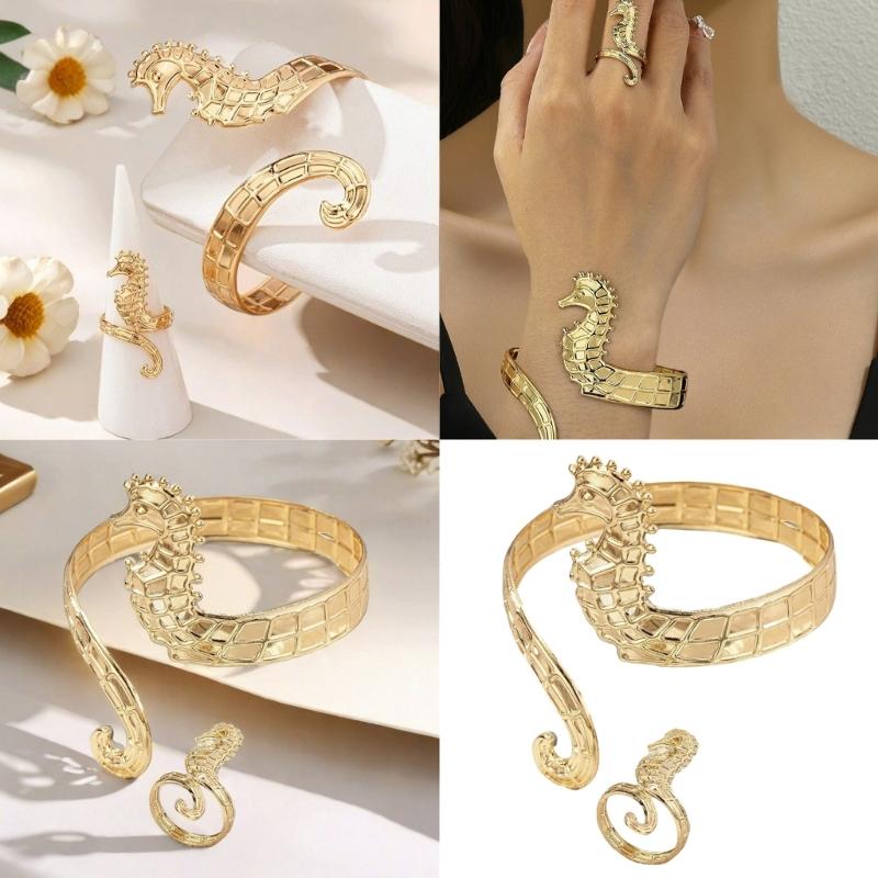 Verstellbares goldenes Seepferdchen-Armband und offener Fingerring, wasserdicht, stilvoller Damenschmuck, trendige Party-Accessoires
