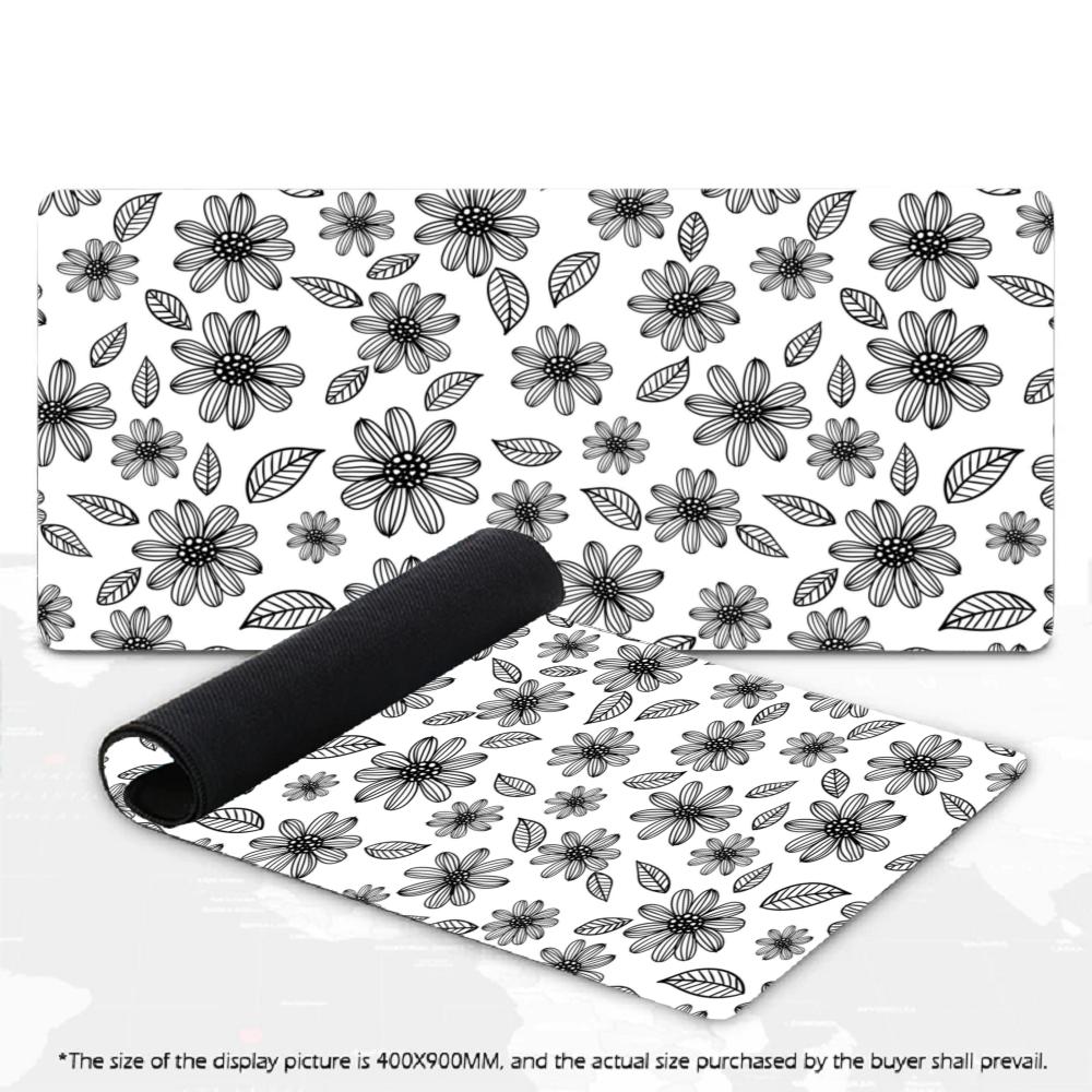 XXL Gaming Mousepad Black White Floral Pattern Desk Pad Rubber Anti-slip Overlock Keyboard Mat Daisy Flower Computer Mouse Mats