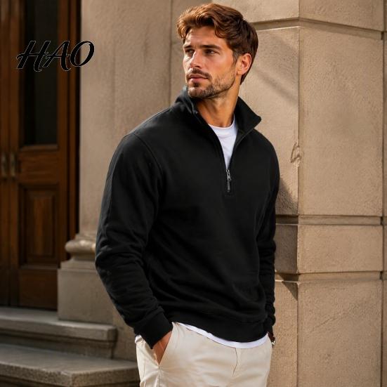 Outdoor Fitness Clothing Mens Quarter Zip Sweatshirt, Stand Collar Athletic Fleece Pullover, Ribbed Hem Cuffs, Casual Streetwear Hoodie Long