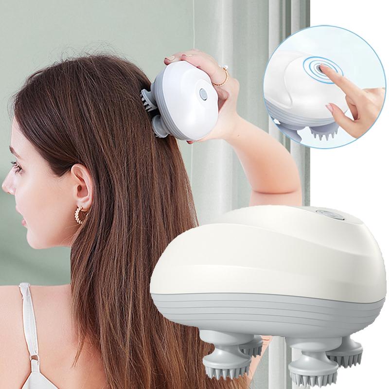 Electric Scalp Massager with 4 Soft Silicone Heads IPX7 Waterproof for Deep Cleaning Hair Growth Relaxation Home Travel Use