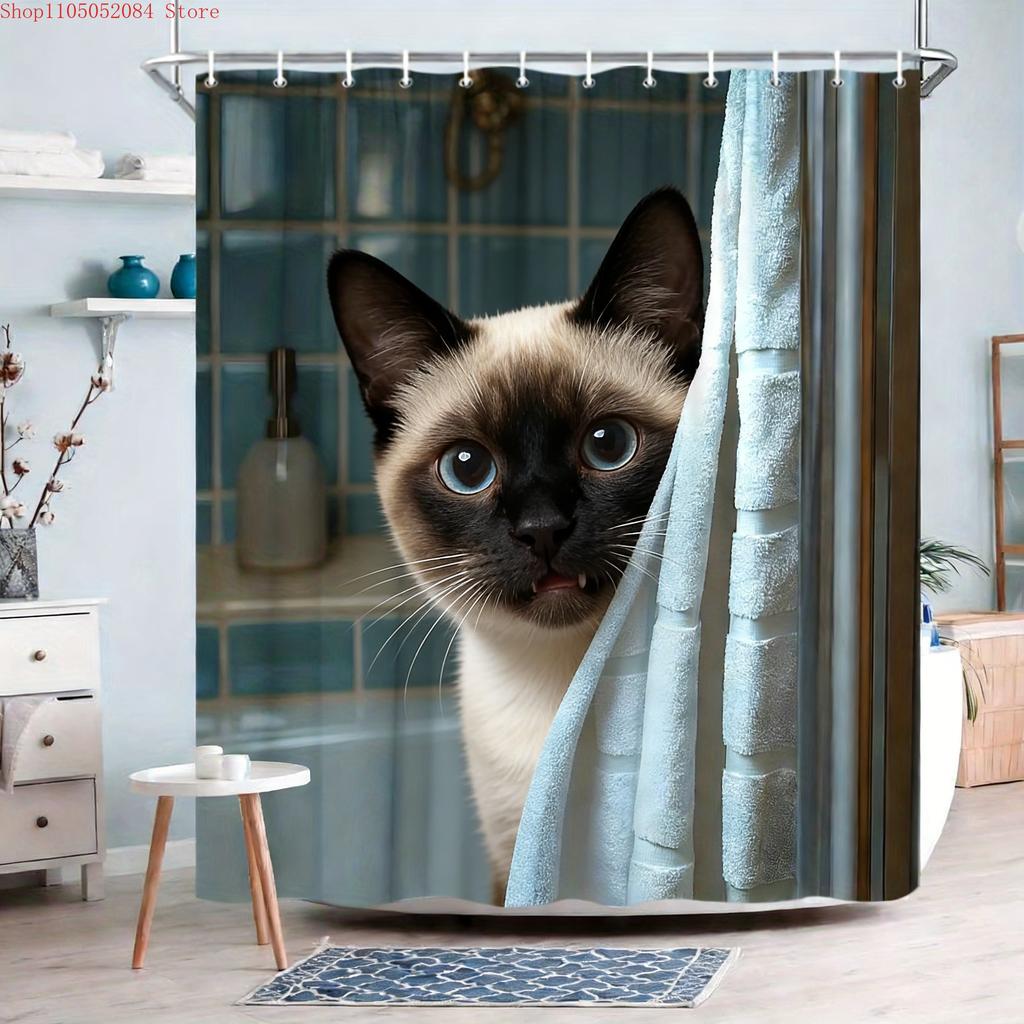 Cute Ragdoll Cat Peeking from Towel Blue Gradient Waterproof Shower Curtain