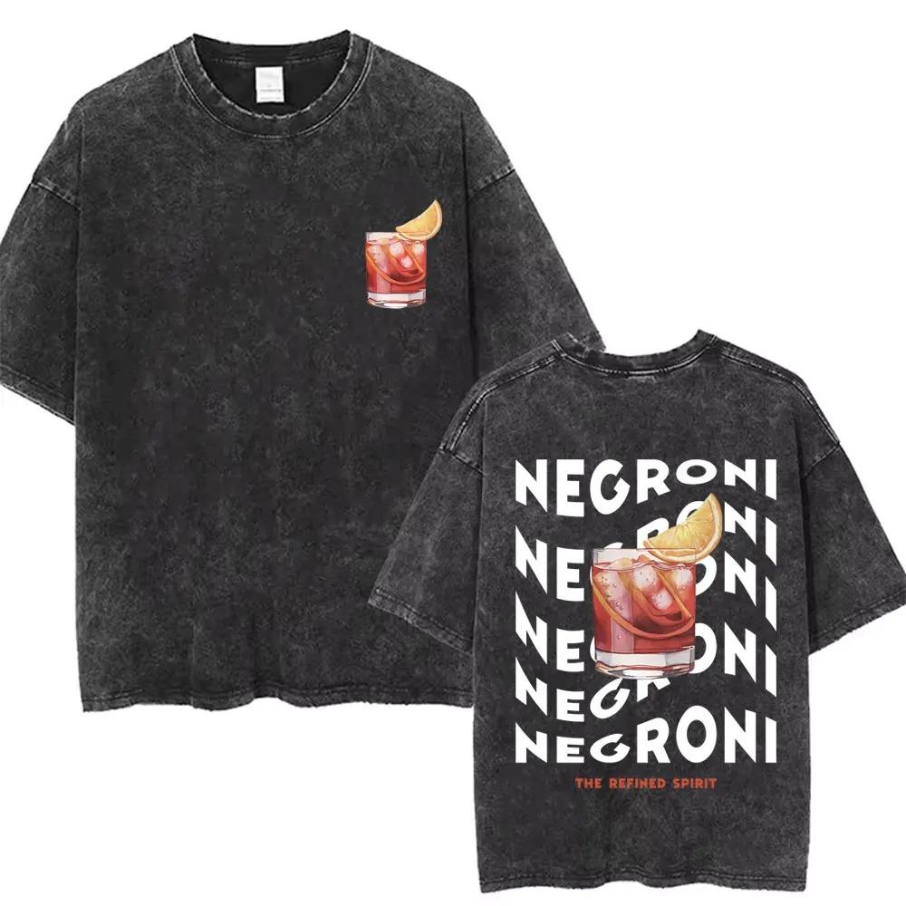 Oversized Acid-Wash Vintage Short-Sleeve T-Shirt Featuring Negroni Cocktail Illustration & Repeating Slogan Double-Sided Graphic Print L