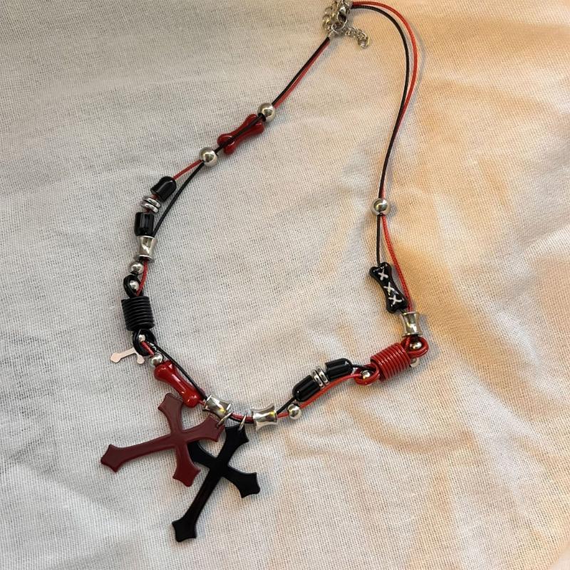 Subculture Rock Beaded Necklace Niche Retro Black Red Crossed Pendant Bead Acrylic Necklace Summer Bead Necklace Jewelry