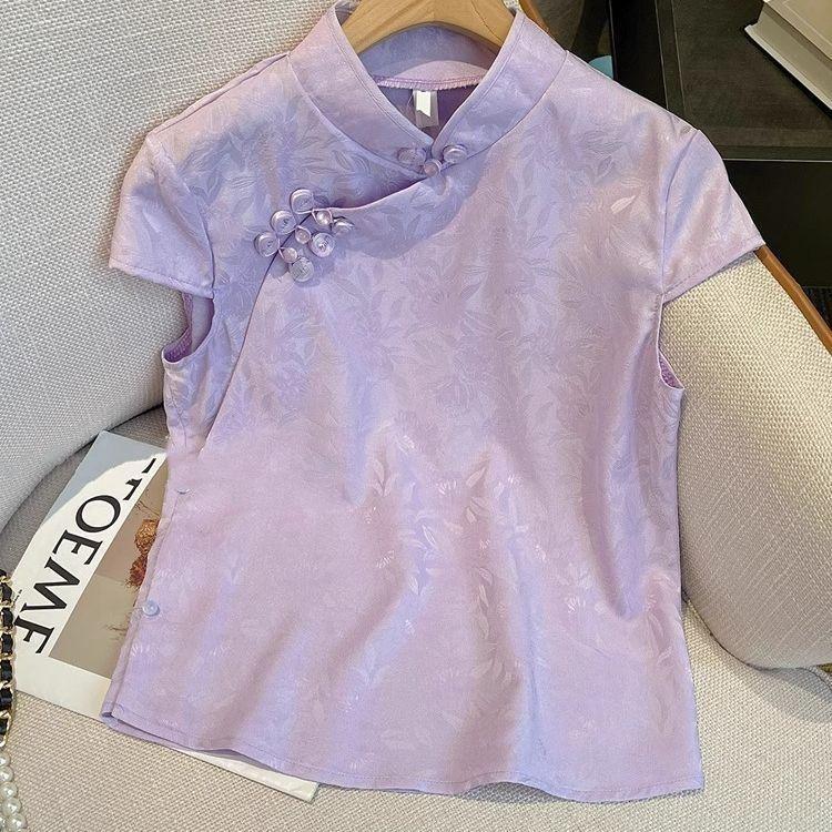 

Летний верхний фиолетовый топ универсальный топ с короткими рукавами уксусная кислота стойка воротник 2025 летняя рубашка 3XL (138-75kg recommended) фиолетовый