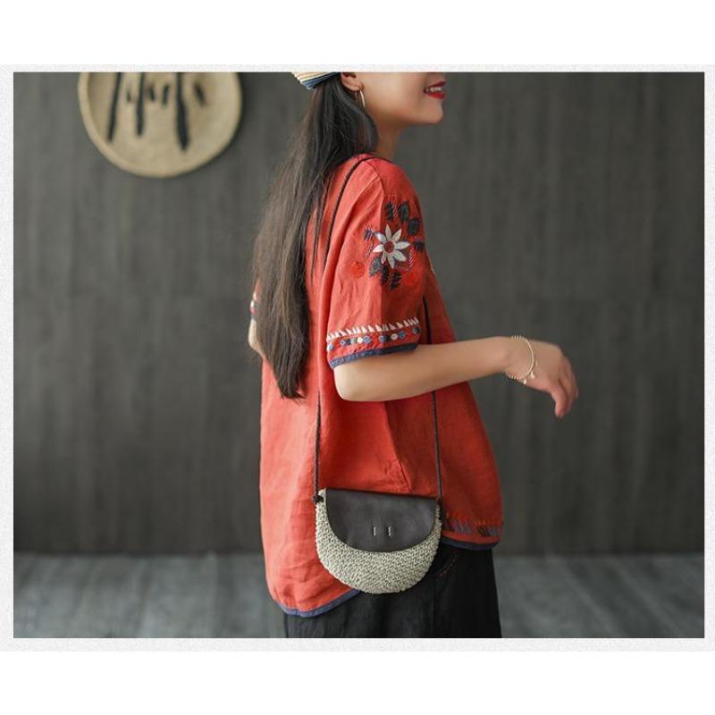 Ethnic Style Cotton and Linen Embroidered T-shirt for Women Summer Retro Loose Versatile Short-sleeved Top