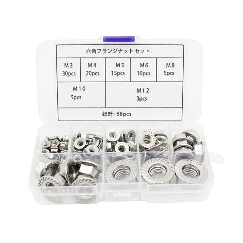 Hex Nut Set, Hex Lock Nuts, Hex Flange Nuts, Integrated Washer Nuts, Serrated, 304 Stainless Steel, M3, M4, M5, M6, M8, M10, M12, 88 Pieces, Storage C