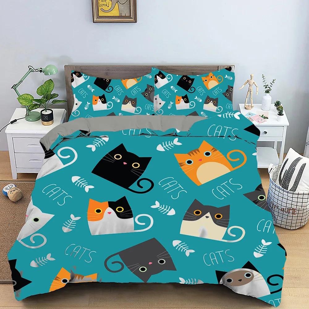 Cartoon Cat Duvet Cover Kawaii Black Kitty For Kids Teens Women Girls Pet Animals Polyester Quilt Cover For Bedroom Decoration