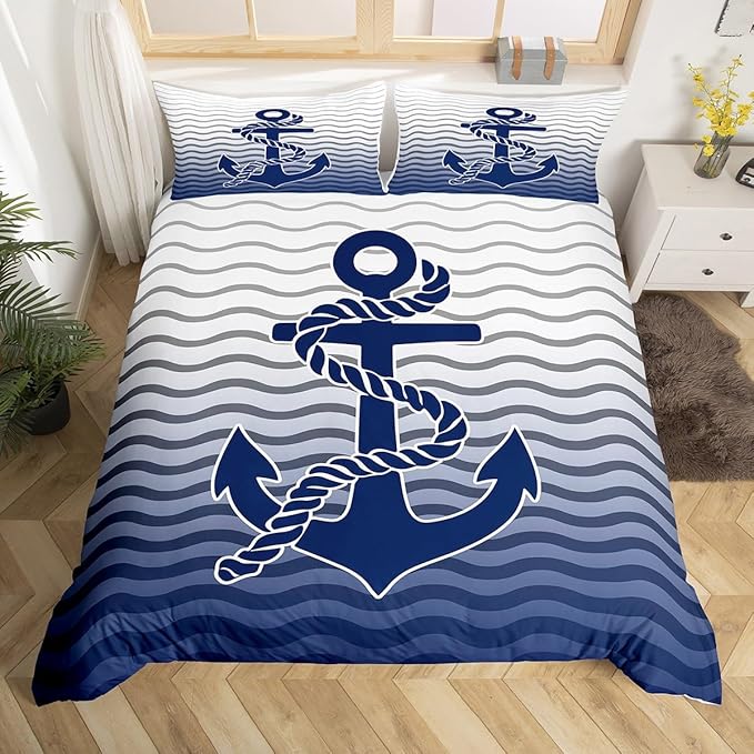 Nautical Anchor Duvet Cover,Geometric Stripes Anchor Bedding Set Twin For Boys Girls Room Decor,Ocean Adventure Comforter Cover