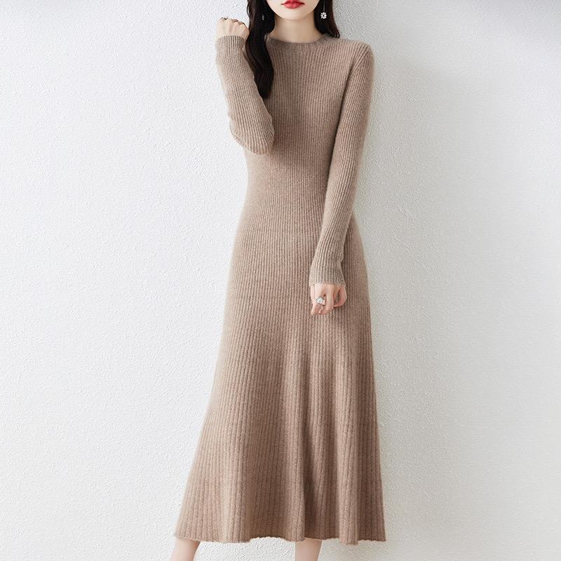 LYRIA New Women Mock Collar Dress 100% Merino Wool Pullover Skirt Autumn Winter Knitted Long Sweater Female Chic Fishtail Dress