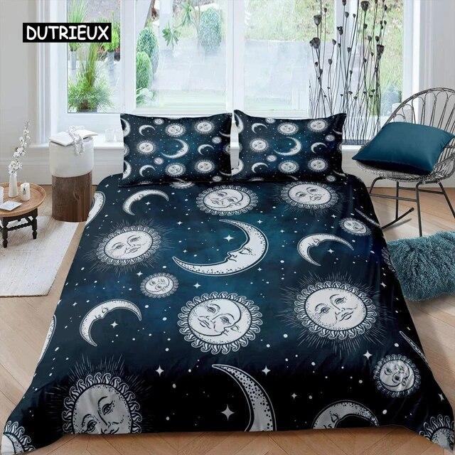 Sun Moon Duvet Cover Set Queen Microfiber Bohemian Black and White Print Yin Yang Comforter Cover Galaxy Star Twin Bedding Set Three Piece Set