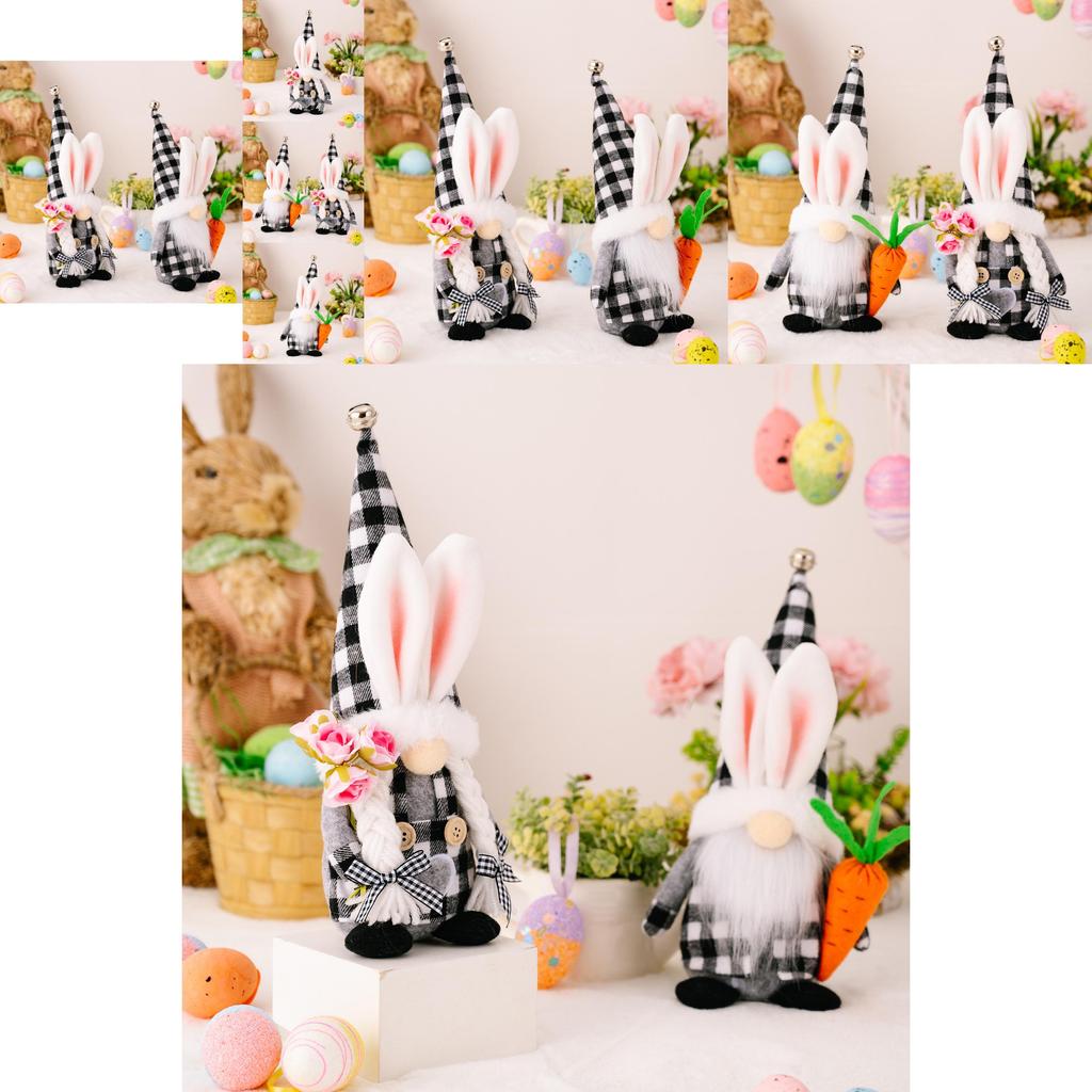 Adorable Black And White Checkered Bunny Ears Plush Doll Holding Carrot For Easter Decor