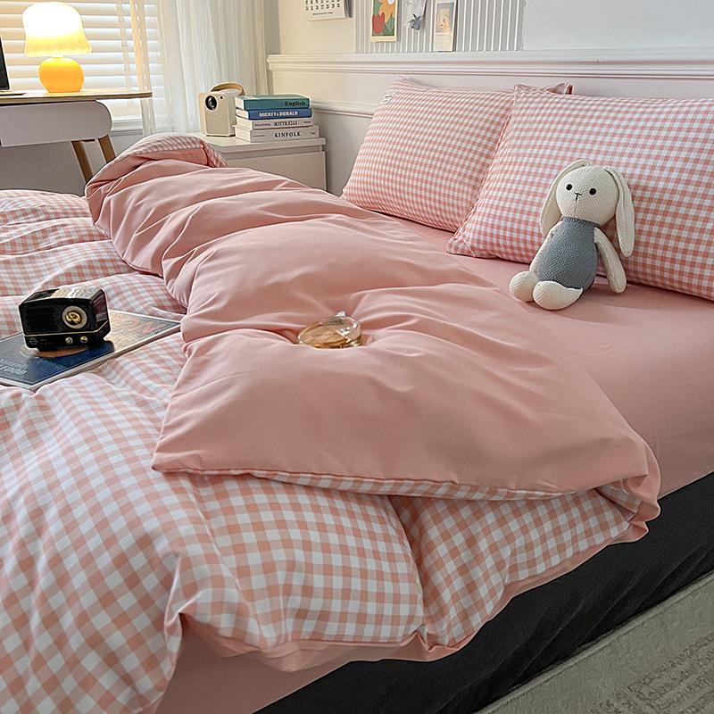 Muji Style Plaid Peach Fuzz Cotton Bedding Set: Skin-friendly Bed Sheet, Fitted Sheet, Duvet Cover - 3 or 4 Piece Options for Dorm.
