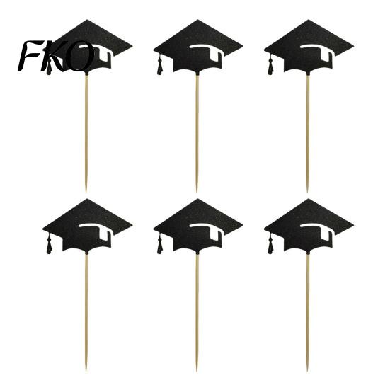 Stiff Wooden Skewer Topper 6 Pcs Graduation Cake Toppers, Mini Grad Cap Cupcake Black Pick Glitter Food Appetizer Picks for Class of 2026 Party