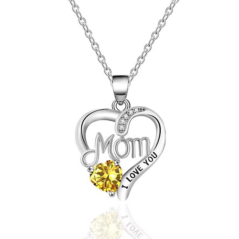 Heart Engraved Diamond Pendant Necklace - I Love You Mom Mother's Day Gift
