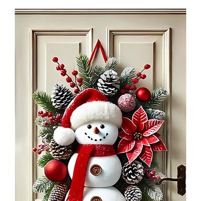 Christmas Tree Christmas Snowman Wreath with Scarf for Front Porch Indoor Outdoor Holiday Decor Festive Decor