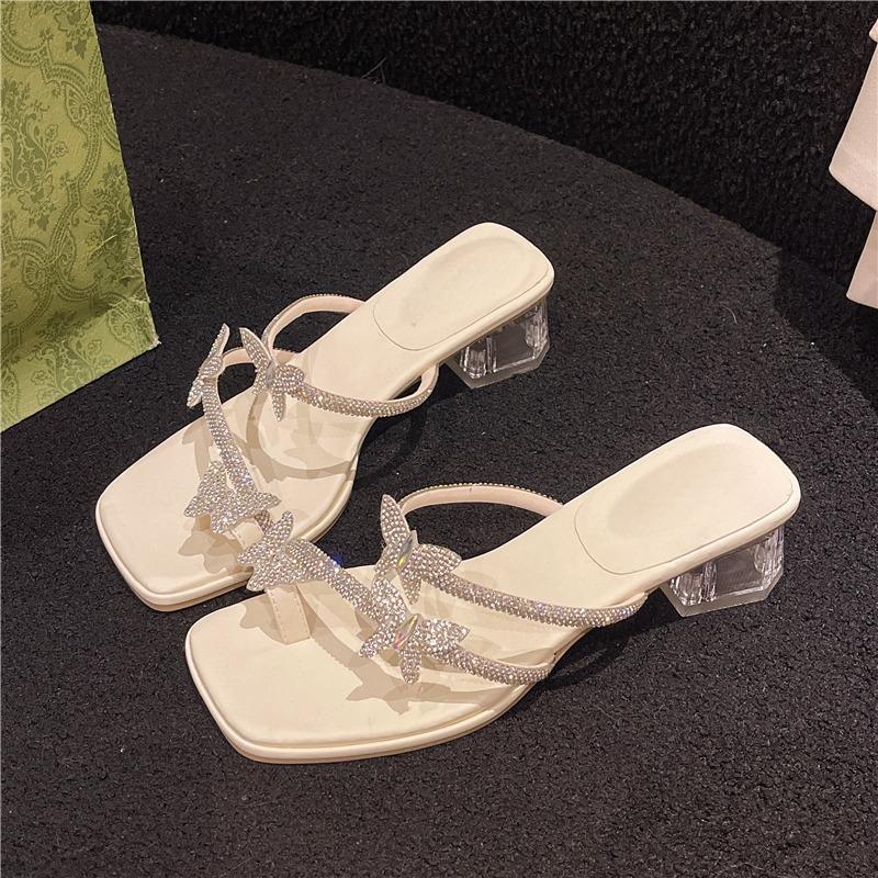 Fashion Fashion Slippers Women's New Style Square Head Cover Toe Sequin Butterfly Knot Thin Strap Non-slip Wear Resistant Chunky Sandals