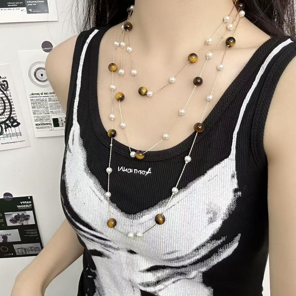 Fashion Retro Maillard Tiger's Eye Stone Pearl Multi-layer Fold Wear Necklace for Women Long Sweater Chain Jewelry Accessories