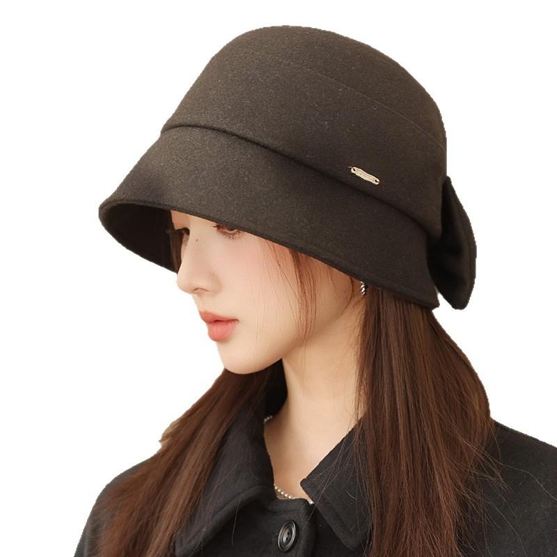 Autumn and winter warm hat women's temperament bucket hat bow showing face small bucket hat versatile advanced sense basin hat