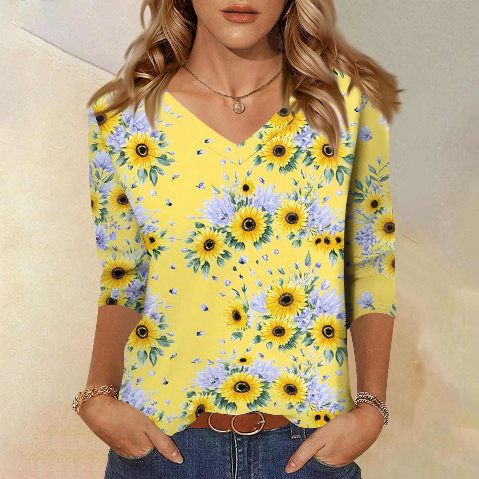 

Women s Fashionable Casual V-Neck Three-Quarter Sleeve Printed T-Shirt Top XL жовтий