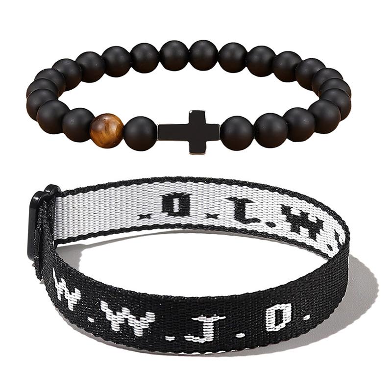 2 Pcs/Set Black WWJD Letter Jacquard Knit Wristband Cross Bead Bracelet For Men Christian Jewelry adjustable