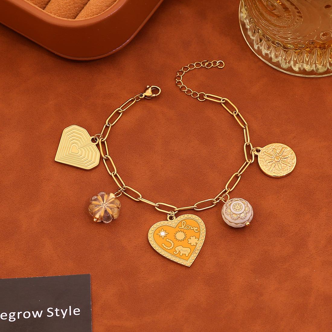 Euro-American style resin heart owl multi-element pendant bracelet, unique stainless steel hand jewelry