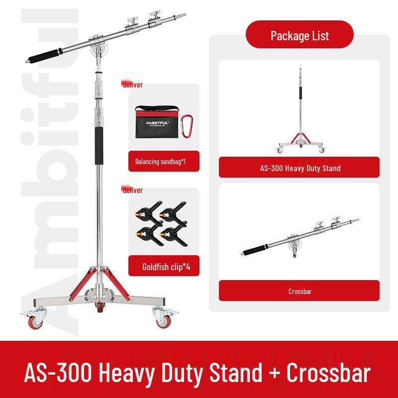 Ambitful AS-300 Heavy-Duty Stainless Steel Photography Light Stand with Thickened Base and Horizontal Arm