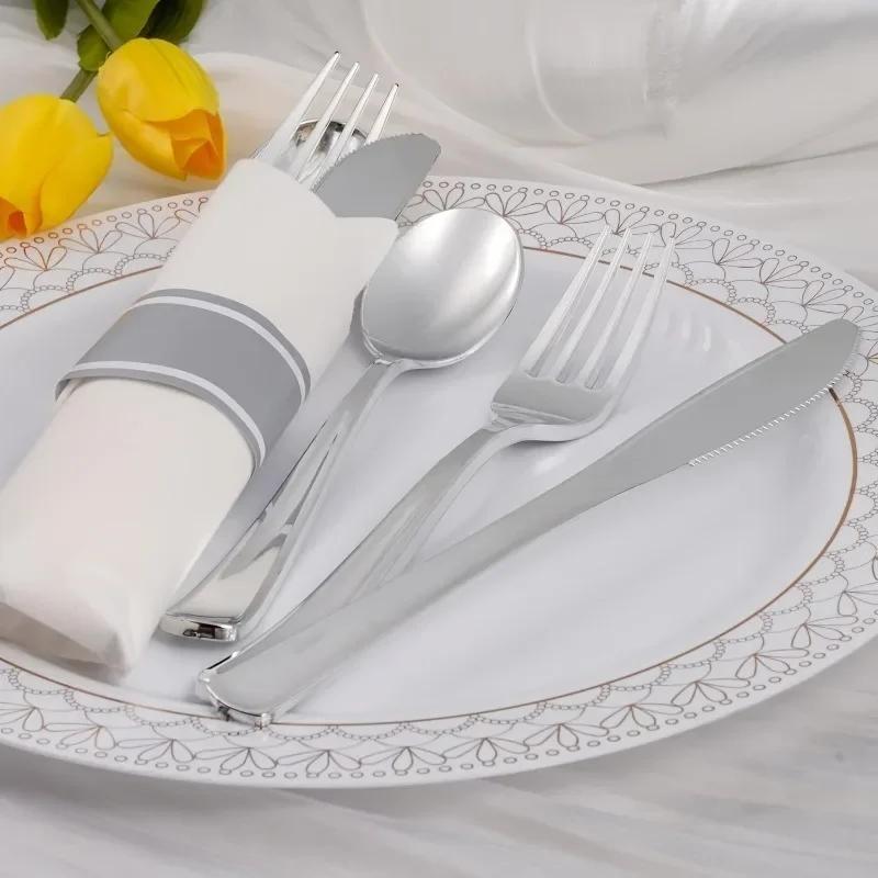 

15/30/75 шт. Серебряный пластиковый одноразовый набор столовых приборов, моющийся, для свадеб и вечеринок, пластиковая посуда, нож, вилка, ложка, набор столовых приборов