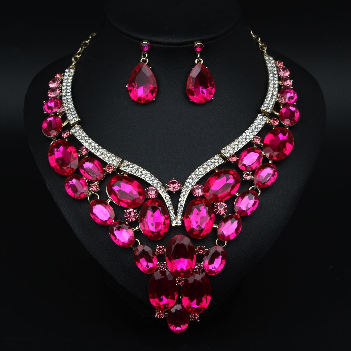 

2026 European and American Exaggerated Luxury Crystal Necklace Earrings Set Female Banquet Dress Bridal Accessories 45CM розы красного