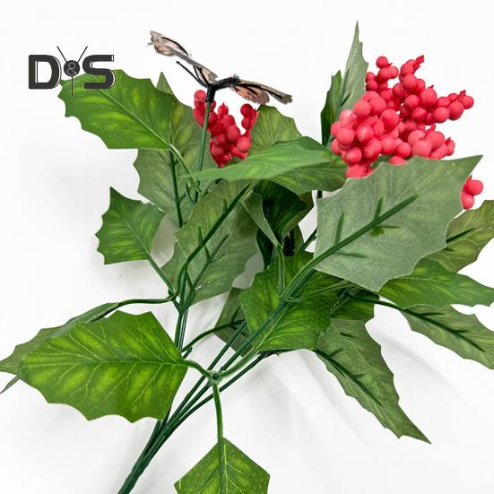 Artificial Berry Branch Faux Green Leaf Branch with Butterflies Realistic Simulated Greenery Branch for Home Table Decor Christmas Valentine's Day