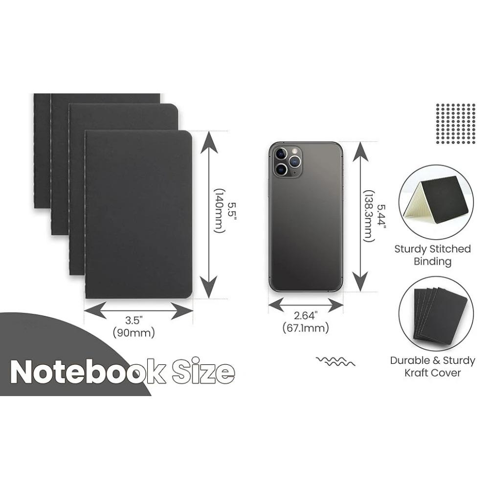Set de 6 Libretas de Bolsillo - 3.5x5.5" Mini Diarios de Tapa Blanda, 100GSM 60 Páginas Rayadas/en Blanco para Escribir, Viajes y Regalos (Negro)