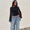 Women’s Burgundy Long Sleeve Crop Top, Slim Fit Crew Neck T-Shirt with Flared Sleeves, Casual Y2K Fitted Top for Streetwear