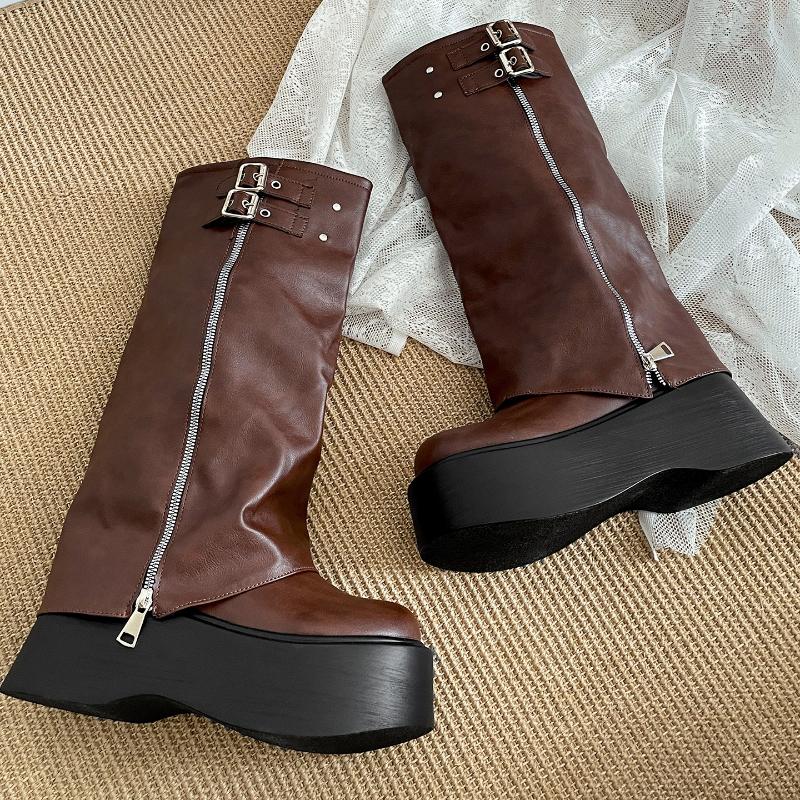 Winter Punk Style Women Knee High Boots Fashion Belt Buckle Long Boots Female Elegant Platform Heel Women'S Knight Botties