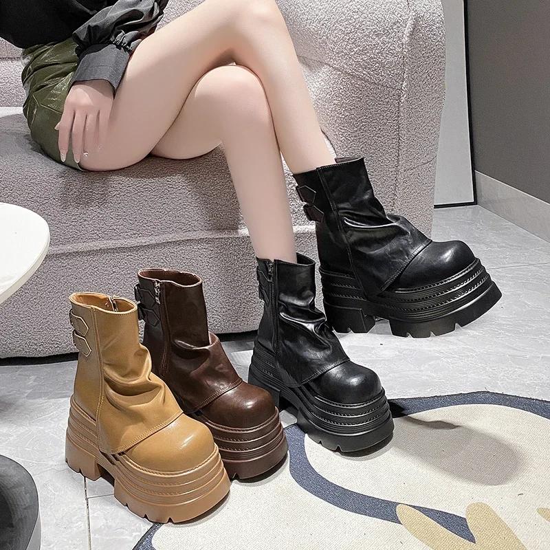 Women Chunky Motorcycle Boots Autumn Hidden Heels Leather Sneakers Winter Waterproof Snow Boots High Platform Ankle Boots 10CM
