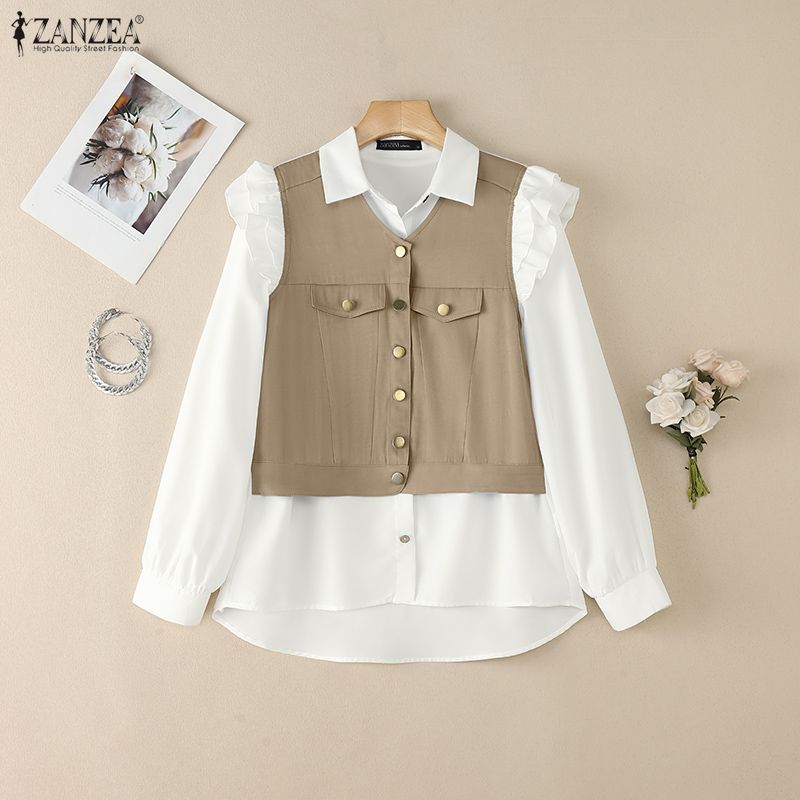 ZANZEA Blouse Patchwork Ample Décontractée à Manches Longues pour Femmes