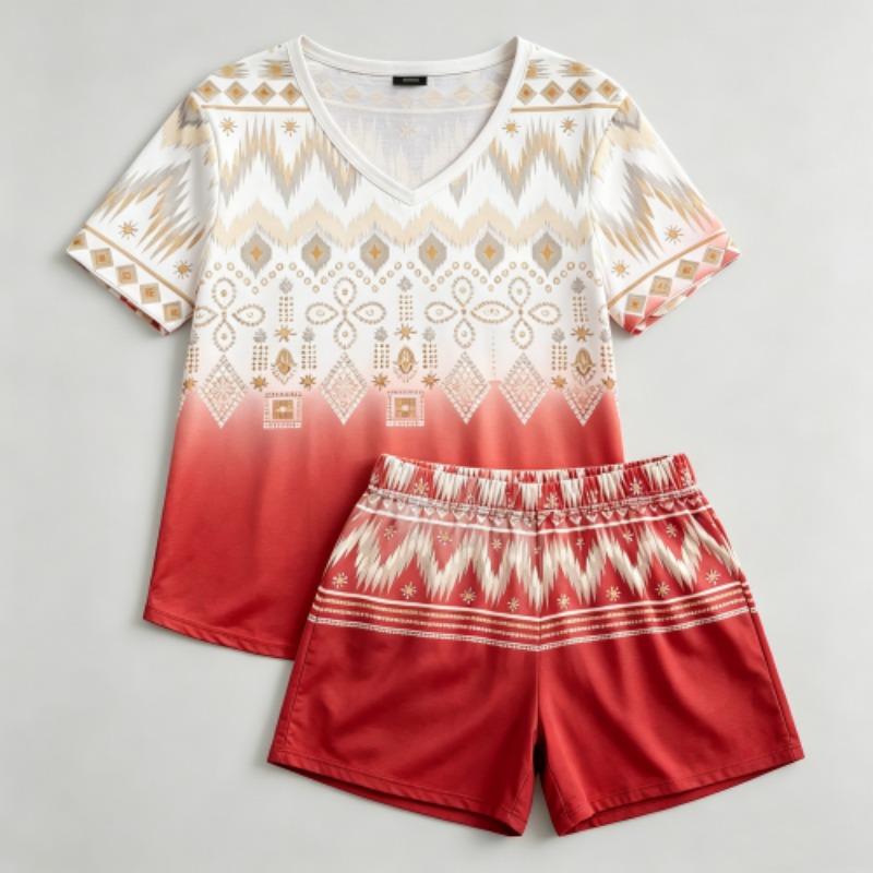 Summer Geometric Wavy Lines Pattern Printed V- Neck Short Sleeved T-Shirt And Shorts Set Women's and Men's T-shirt Shorts Set