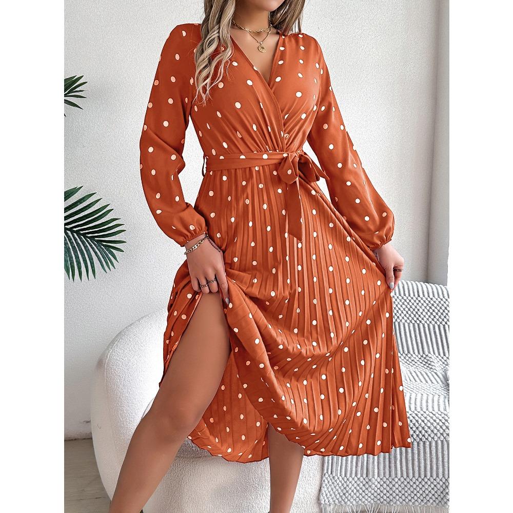 Élégantes Robes Longues Plissées à Col V Croisé à Pois de Couleurs Contrastées