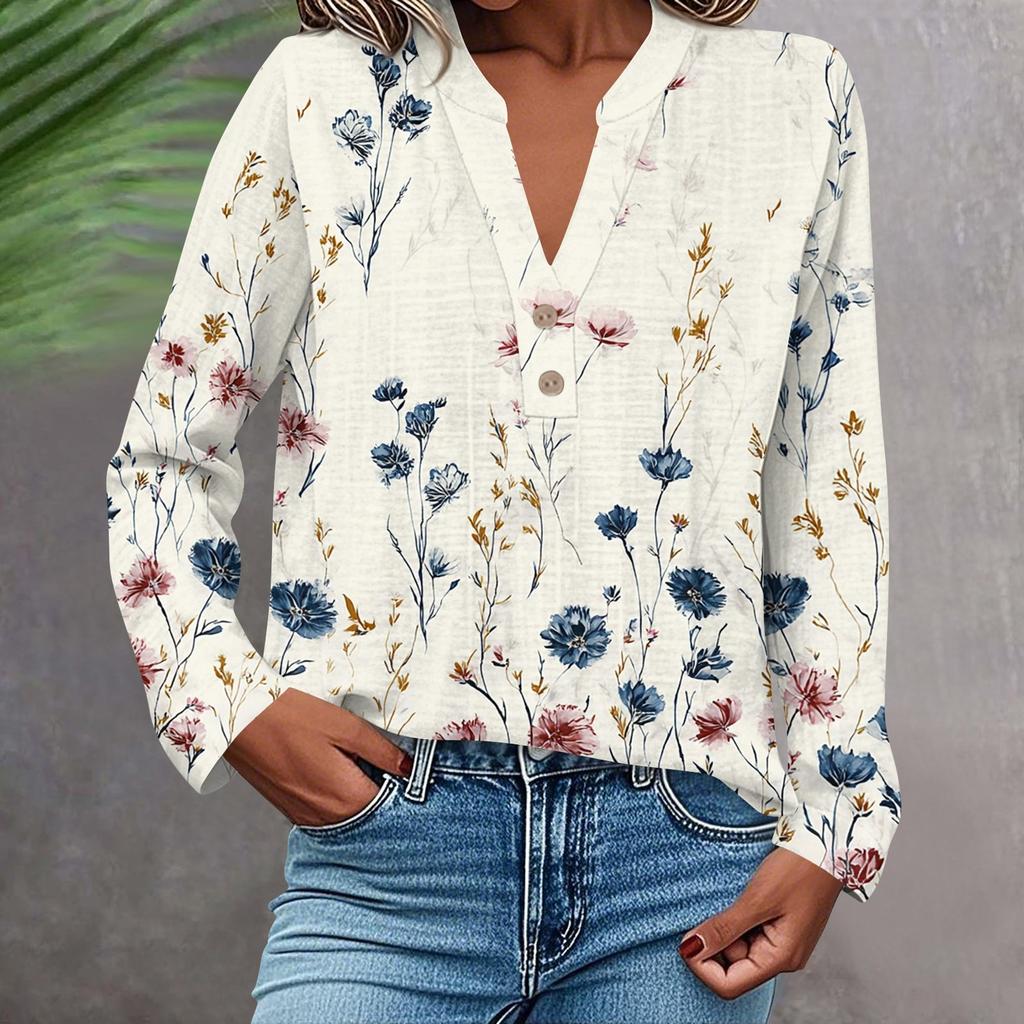 Women's Fashionable And Casual Shirt Long Sleeve V-neck Button Printed Blouse Top