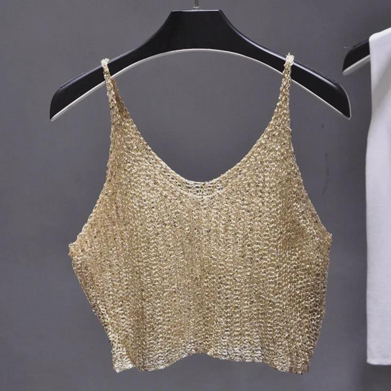 Spring/Summer 2022 Glitter Knit Crop Sweater - Sexy Hollow Design with Spaghetti Straps