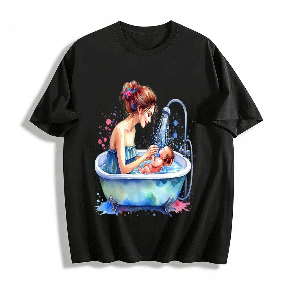 Warm Parent-child Bath Print T-shirt Mom Baby Interaction Casual Top Pure cotton T-shirt XXS