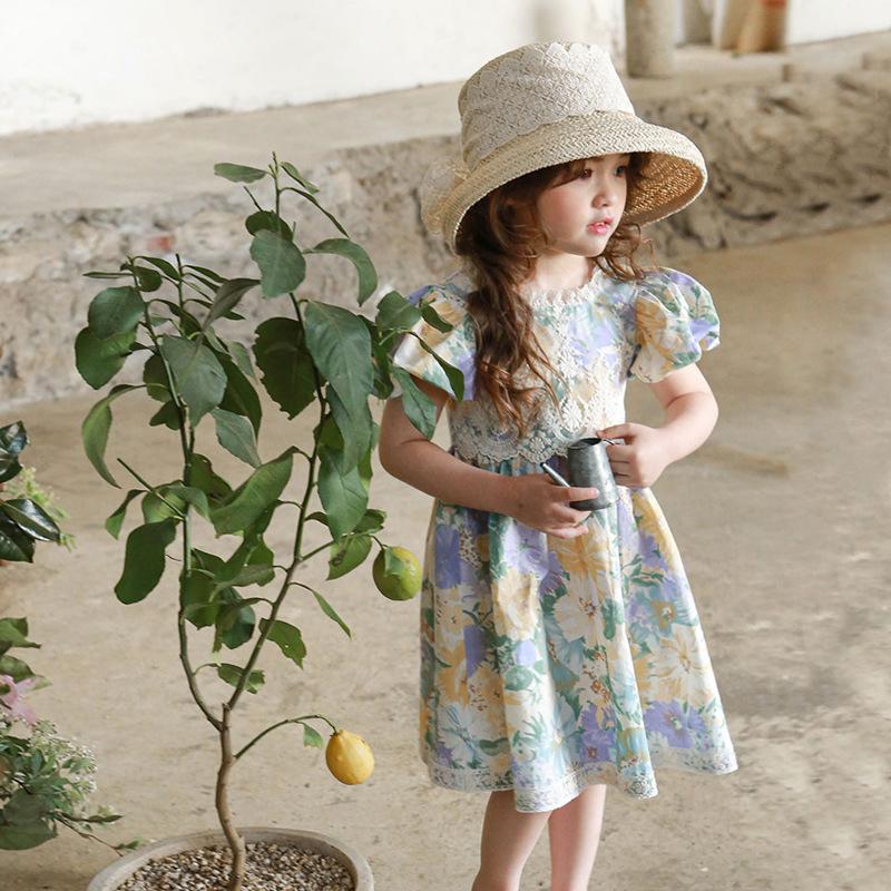 

Платье для девочки с цветочным принтом, рукавами-фонариками и круглым вырезом, темпераментное 110cm