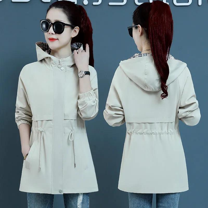Women's Jacket Trench Coat Korean Spring Autumn Loose Long Sleeve Short Coats Female Windbreaker Hooded Outerwear Tops