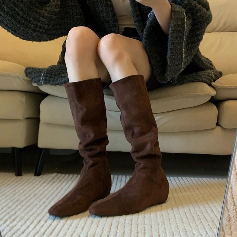 Version i kohud! Yadan stil västerländska cowboyboots dam retro nisch stor skaftvidd tunn innersula höjdökande plisserade staplade stövlar