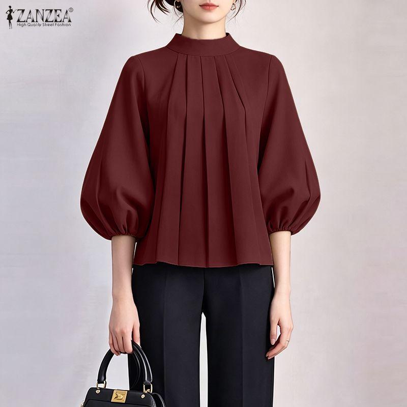 ZANZEA Elegant Womens Stand Collar Casual Puff 3/4 Sleeve Loose Blouse